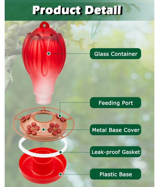 Hummingbird Feeder for Outdoors, 33OZ Glass Hummingbird Feeder with 5 Feeding Port and Perch, Hand Blown Glass Hummingbird Feeder with Ant Moat Hanging Hook, S Hook, Rope, Brush (Red)