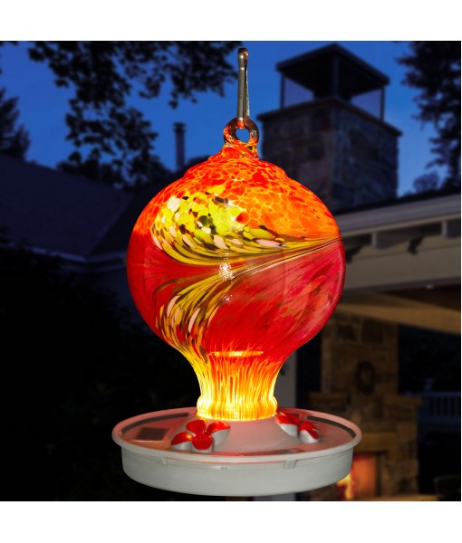 Solar Powered Hummingbird Feeder for Outdoors, 33OZ Glass Hummingbird Feeders with 3 Feeding Port, Hand Made Colorful Hummingbird Feeder with Solar Light, for Garden Decor and Bird Lover