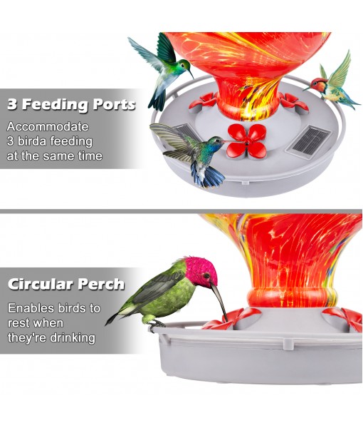 Solar Powered Hummingbird Feeder for Outdoors, 33OZ Glass Hummingbird Feeders with 3 Feeding Port, Hand Made Colorful Hummingbird Feeder with Solar Light, for Garden Decor and Bird Lover