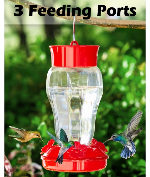 Hummingbird Feeders for Outdoors, 16OZ Plastic Hummingbird Feeders with 3 Feeding Port and Anti-Proof Moat, Hummingbird Feeders for Outdoor Hanging, with S Hook & Cleaning Brush (2PCS)