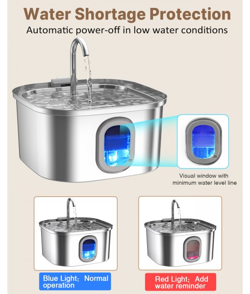 Cat Water Fountain, 108oz/3.2L Quiet Pet Water Fountain Indoor, Cat Water Fountain Stainless Steel, Water Level Window & Low Water Mark, Cat Fountain for Drinking - Water Shortage Protection